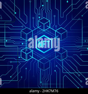 NFT nicht fungible Token auf blauem Hintergrund Stock Vektor