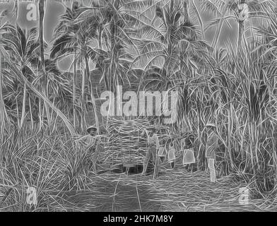 Inspiriert von [Fijian Sugar Field, Mango [Mago], Loading the Cane], Burton Brothers Studio, Fotostudio, 1884, Dunedin, Gelatine-Trockenplattenprozess, Zuckerfeld nach rechts, Eisenbahnlinie verläuft von oben nach unten in der Mitte. Drei europäische Männer stehen vor dem rollenden Material mit Zuckerrohrhaufen auf, von Artotop neu erfunden. Klassische Kunst neu erfunden mit einem modernen Twist. Design von warmen fröhlichen Leuchten der Helligkeit und Lichtstrahl Strahlkraft. Fotografie inspiriert von Surrealismus und Futurismus, umarmt dynamische Energie der modernen Technologie, Bewegung, Geschwindigkeit und Kultur zu revolutionieren Stockfoto