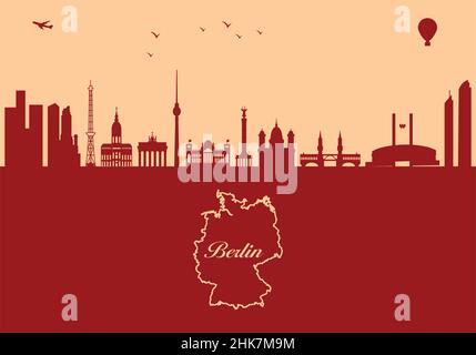 Skyline von Berlin Silhouette - Illustration, Stadt im Maroon Hintergrund, Karte von Deutschland Stock Vektor