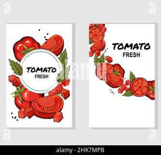 Handgezeichnete Banner oder Etiketten für Tomaten. Tomatenrahmen, Vektorgrafik. Stock Vektor