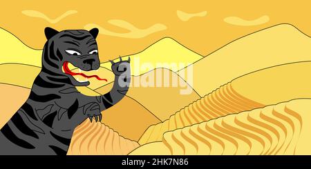 Chinesisches Neujahr des schwarzen Wassertiger Plakats. Grußkarte mit china traditionellen jährlichen Astrologie-Symbol. Handgezeichnetes Banner zum östlichen Kalender 2022. Asiatische Felder Folk abstrakten Vektor Zeichnung Stock Vektor