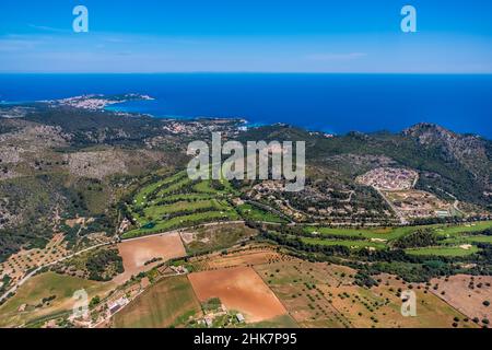 Luftaufnahme, Canyamel Golfplatz, Park Hyatt Mallorc, Capdepera, Mallorca, Europa, Balearen, Spanien, Balearen, es, Fernsicht, Gastr Stockfoto