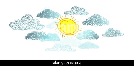 Sonne und Wolken kindisch niedliche Zeichnung. Vektorgrafik Stock Vektor