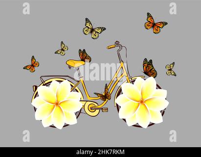 Handzeichnung Druckdesign. Fahrrad mit Blumenrädern. Vektorgrafik Stock Vektor