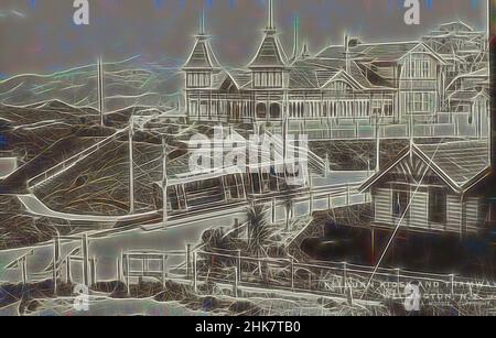 Inspiriert von Kelburn Kiosk and Tramway, Wellington, Neuseeland, Muir & Moodie Studio, um 1908, Wellington, Aussicht die Seilbahn von Kelburn in Aktion befindet sich zwischen Kiosk und Works Buildings, Reimagined by Artotop. Klassische Kunst neu erfunden mit einem modernen Twist. Design von warmen fröhlichen Leuchten der Helligkeit und Lichtstrahl Strahlkraft. Fotografie inspiriert von Surrealismus und Futurismus, umarmt dynamische Energie der modernen Technologie, Bewegung, Geschwindigkeit und Kultur zu revolutionieren Stockfoto