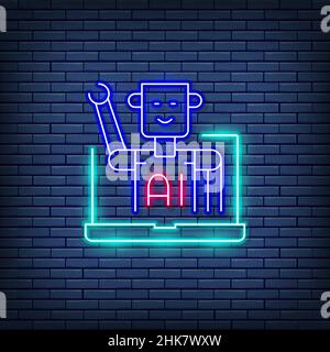 Chatbot, Kundendienstroboter, Neonschild für künstliche Intelligenz. Stock Vektor
