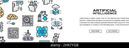Horizontales Icon-Banner-Design für künstliche Intelligenz. Robotik, Chatbot, Datenbank, Big-Data-Promotion-Illustration für Webseite, Header-Präsentation Stock Vektor