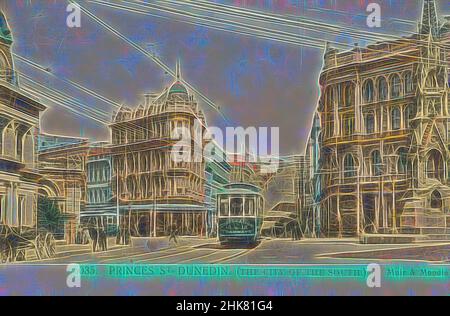 Inspiriert von Princes Street, Dunedin, Neuseeland, Muir & Moodie Studio, 1904, Dunedin, Reimagined by Artotop. Klassische Kunst neu erfunden mit einem modernen Twist. Design von warmen fröhlichen Leuchten der Helligkeit und Lichtstrahl Strahlkraft. Fotografie inspiriert von Surrealismus und Futurismus, umarmt dynamische Energie der modernen Technologie, Bewegung, Geschwindigkeit und Kultur zu revolutionieren Stockfoto