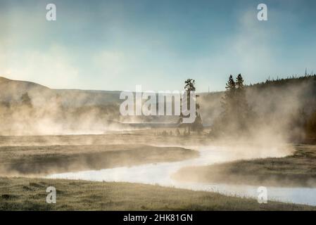 Gibbon River bei Sonnenaufgang, Yellowstone National Park, Wyoming, USA. Stockfoto