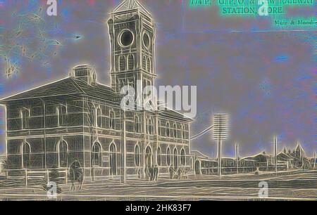 Inspiriert von General Post Office und New Railway Station, Gore, Muir & Moodie Studio, Fotostudio, um 1905, Dunedin, Reimagined by Artotop. Klassische Kunst neu erfunden mit einem modernen Twist. Design von warmen fröhlichen Leuchten der Helligkeit und Lichtstrahl Strahlkraft. Fotografie inspiriert von Surrealismus und Futurismus, umarmt dynamische Energie der modernen Technologie, Bewegung, Geschwindigkeit und Kultur zu revolutionieren Stockfoto