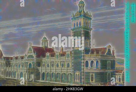 Inspiriert von New Railway Station, Dunedin, Neuseeland, Muir & Moodie Studio, 1906, Dunedin, Reimagined by Artotop. Klassische Kunst neu erfunden mit einem modernen Twist. Design von warmen fröhlichen Leuchten der Helligkeit und Lichtstrahl Strahlkraft. Fotografie inspiriert von Surrealismus und Futurismus, umarmt dynamische Energie der modernen Technologie, Bewegung, Geschwindigkeit und Kultur zu revolutionieren Stockfoto
