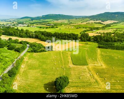 Atemberaubende Luftaufnahme von pastoralen grünen Feldern und Ackerland. Sommer ländliche Landschaft von sanften Hügeln, geschwungenen Straßen und Zypressen der Toskana, Italien. Stockfoto