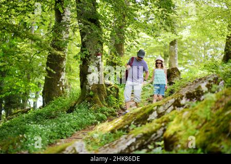 Vater und Tochter folgen einem Fußweg um das Heiligtum von La Verna, Chiusi della Verna, im Casentino, einem der größten Wälder in Europa Stockfoto