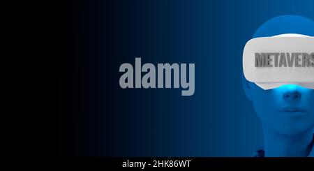 Metaverse Digital VR Cyber Technology Konzept: 3D Rendern Sie Avatar mit Virtual Reality Headset, das virtuellen Raum verbindet. AR Augmented Reality-Spiele, NFT Stockfoto