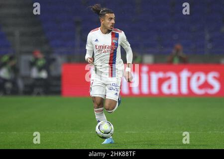 Lyon, Frankreich, 1st. Februar 2022. Malo Gusto von Lyon während des Spiels der Uber Eats Ligue 1 im Groupama Stadium, Lyon. Bildnachweis sollte lauten: Jonathan Moscrop / Sportimage Stockfoto