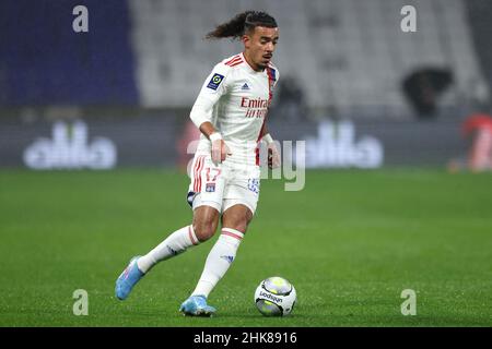 Lyon, Frankreich, 1st. Februar 2022. Malo Gusto von Lyon während des Spiels der Uber Eats Ligue 1 im Groupama Stadium, Lyon. Bildnachweis sollte lauten: Jonathan Moscrop / Sportimage Stockfoto