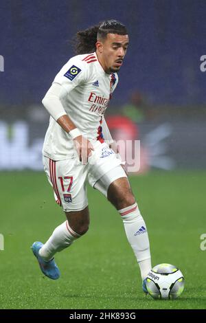 Lyon, Frankreich, 1st. Februar 2022. Malo Gusto von Lyon während des Spiels der Uber Eats Ligue 1 im Groupama Stadium, Lyon. Bildnachweis sollte lauten: Jonathan Moscrop / Sportimage Stockfoto