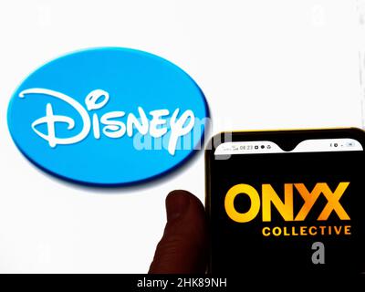 Ukraine. 02nd. Februar 2022. In dieser Abbildung wird das Logo von Onyx Collective auf einem Smartphone-Bildschirm mit einem Disney-Logo im Hintergrund angezeigt. Kredit: SOPA Images Limited/Alamy Live Nachrichten Stockfoto