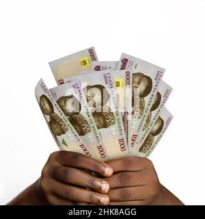 Schwarze Hände mit 3D gerendert 1000 nigrische Naira-Noten. Nahaufnahme der Hände mit nigrischen Währungsscheinen Stockfoto