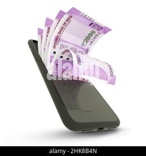 3D Wiedergabe von indischen Rupien-Notizen in einem Mobiltelefon Stockfoto