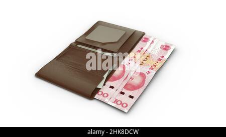 3D Wiedergabe von chinesischen Yuan-Scheinen in der Brieftasche Stockfoto