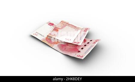 3D Wiedergabe von doppelten 100 chinesischen Yuan-Noten mit Schatten auf weißem Hintergrund Stockfoto