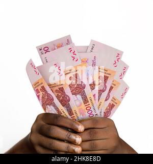 Schwarze Hände mit 3D gerendert 1000 CFA-Franc-Noten. Nahaufnahme der Hände mit CFA-Franc-Währungsnoten Stockfoto