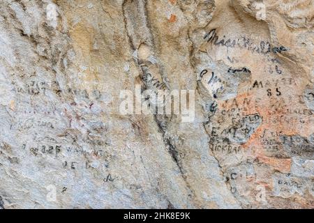 Auswandererunterschriften entlang des historischen California Trail im City of Rocks National Reserve, Idaho Stockfoto