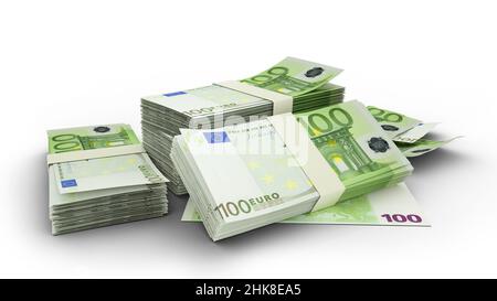 3D Stapel von 100 Euro-Scheinen isoliert auf whiten Hintergrund. Europäische Währung Stockfoto