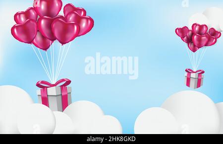 Geschenkboxen mit Herzballon schweben es den Himmel, Happy Valentine's Day Banner Vorlage, Vektor 3D realistischen Stil Stock Vektor