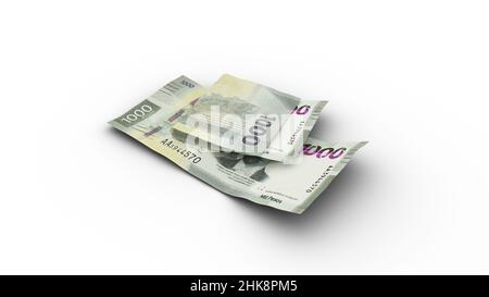3D Darstellung von 1000 Double Mexican Peso Noten mit isolierten Schatten auf weißem Hintergrund Stockfoto