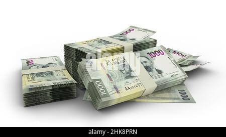 3D Stapel mexikanischer Peso-Noten isoliert auf weißem Hintergrund Stockfoto
