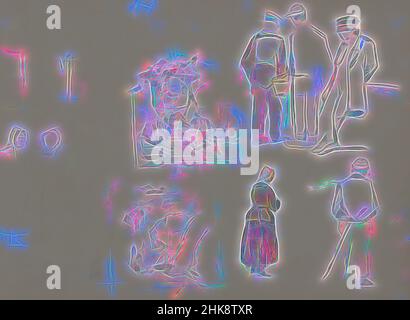 Inspiriert von zwei Stillleben mit einer Vase mit Blumen und toten Vögeln und einer Vase mit Blumen und totem Spiel auf einem Sockel. Beide Zeichnungen in einem Rahmen. Studienblatt mit Bauern, Bäuerinnen und Stillleben, nach Hendrik Valkenburg, neu erfunden von Artotop. Klassische Kunst neu erfunden mit einem modernen Twist. Design von warmen fröhlichen Leuchten der Helligkeit und Lichtstrahl Strahlkraft. Fotografie inspiriert von Surrealismus und Futurismus, umarmt dynamische Energie der modernen Technologie, Bewegung, Geschwindigkeit und Kultur zu revolutionieren Stockfoto