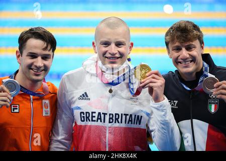 26th. JULI 2021 - TOKIO, JAPAN: Arno Kamminga, Adam Peaty und Nicolo Martinenghi sind die Medaillengewinnerinnen des Männerbrustschlags 100m beim Tokyo 2020 Ol Stockfoto