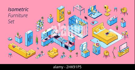 Isometrisches Möbelset Sofa, Sessel, Bücherregal, Schrank und Küchengeräte, Nachttisch, Lampe, Bett und Badewanne, Bad, Waschmaschine, Lampe und fernseher, 3D Vektorlinien-Kunstdarstellung Stock Vektor