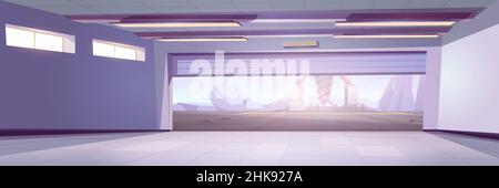 Leere Garage mit offener Tür und Blick auf futuristische Bohranlage oder Raumschiff auf außerirdische Planetenoberfläche. Spielszene mit Bohrschiff, Landschaft mit Derrick-Plattform, Cartoon-Vektor-Illustration Stock Vektor