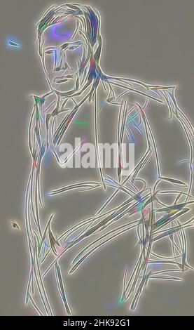 Inspiriert durch das Stehen mit der linken Hand auf dem Rücken oder in der Tasche. Porträt eines unbekannten Mannes, neu erfunden von Artotop. Klassische Kunst neu erfunden mit einem modernen Twist. Design von warmen fröhlichen Leuchten der Helligkeit und Lichtstrahl Strahlkraft. Fotografie inspiriert von Surrealismus und Futurismus, umarmt dynamische Energie der modernen Technologie, Bewegung, Geschwindigkeit und Kultur zu revolutionieren Stockfoto