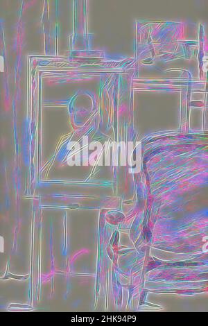 Inspiriert durch das Porträt eines unbekannten Mannes. Im Hintergrund ein weiteres Gemälde. Gemälde auf einem Esel vor einem Stuhl, neu gestaltet von Artotop. Klassische Kunst neu erfunden mit einem modernen Twist. Design von warmen fröhlichen Leuchten der Helligkeit und Lichtstrahl Strahlkraft. Fotografie inspiriert von Surrealismus und Futurismus, umarmt dynamische Energie der modernen Technologie, Bewegung, Geschwindigkeit und Kultur zu revolutionieren Stockfoto