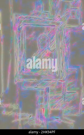 Inspiriert durch das Porträt eines unbekannten Mannes. Im Hintergrund einige Bilder und Rahmen. Malerei auf einer Staffelei, neu erfunden von Artotop. Klassische Kunst neu erfunden mit einem modernen Twist. Design von warmen fröhlichen Leuchten der Helligkeit und Lichtstrahl Strahlkraft. Fotografie inspiriert von Surrealismus und Futurismus, umarmt dynamische Energie der modernen Technologie, Bewegung, Geschwindigkeit und Kultur zu revolutionieren Stockfoto