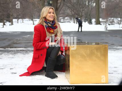Der deutsche Pop-Künstler Niclas Castello präsentiert seine neue Skulptur Golden Cube aus 186 kg reinem 24-Karat-Gold im Wert von 11,7 Millionen US-Dollar, die am 2. Februar 2022 in New York City, NY, USA, an einem einzigen Tag in der Mall im Central Park zu sehen ist. Castello und Frau Sylvie Meis nahmen am Mittwoch an der Veranstaltung Teil. Foto von Charles Guerin/ABACAPRESS.COM Stockfoto