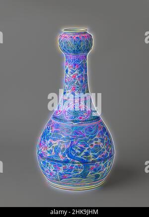 Inspiriert von einer birnenförmigen Vase mit Bambus, prunus, Kiefern und Vögeln in einer Landschaft, einer birnenförmigen Vase aus Porzellan mit Verdickung in Lotusblättern an der Spitze des Halses, in Unterglasur blau und auf der Glasur grün, rot, gelb und schwarz gemalt. Der Körper mit einer durchgehenden Landschaft mit, neu erfunden von Artotop. Klassische Kunst neu erfunden mit einem modernen Twist. Design von warmen fröhlichen Leuchten der Helligkeit und Lichtstrahl Strahlkraft. Fotografie inspiriert von Surrealismus und Futurismus, umarmt dynamische Energie der modernen Technologie, Bewegung, Geschwindigkeit und Kultur zu revolutionieren Stockfoto