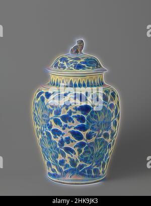 Inspiriert von eiförmig überzogenen Glas mit großen Pfingstrosen, Baluster geformte lidded Glas aus Porzellan mit einem breiten Hals, in Unterglasur blau gemalt. An der Wand vier große Pfingstrosen in der Nähe von zwei Felsen. Am Hals ein Band mit spitzen Blattmotiven. Der Deckel mit der gleichen Dekoration; Deckel Knopf in der Form eines vergoldeten, von Artotop neu erfunden. Klassische Kunst neu erfunden mit einem modernen Twist. Design von warmen fröhlichen Leuchten der Helligkeit und Lichtstrahl Strahlkraft. Fotografie inspiriert von Surrealismus und Futurismus, umarmt dynamische Energie der modernen Technologie, Bewegung, Geschwindigkeit und Kultur zu revolutionieren Stockfoto