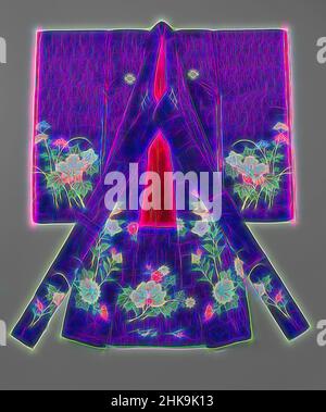 Inspiriert von Girl's Miyamairi Kimono mit blühenden Herbstpflanzen, formeller Kimono für ein Mädchen beim ersten Besuch eines Shinto-Schreines (Miyamairi Kimono) mit Verzierungen auf der Unterseite der Ärmel, Vorder- und Rückseiten mit blühenden Pfingstrosen, Chrysanthemen, Hibiskus, Ballonglocke und Ominaeshi. Purple, neu erfunden von Artotop. Klassische Kunst neu erfunden mit einem modernen Twist. Design von warmen fröhlichen Leuchten der Helligkeit und Lichtstrahl Strahlkraft. Fotografie inspiriert von Surrealismus und Futurismus, umarmt dynamische Energie der modernen Technologie, Bewegung, Geschwindigkeit und Kultur zu revolutionieren Stockfoto