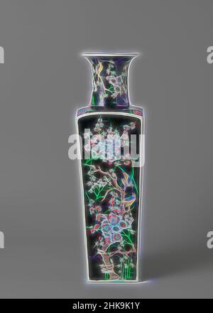 Inspiriert von der Drucker Vase, der quadratischen „Drucker Vase“ mit Vögeln in der Nähe von Blütensprays, der quadratischen Porzellanvase mit einem breiten, ausladenden Hals, bedeckt mit einer schwarzen Glasur und gemalt in rot, grün, gelb, Auberginen und schwarz. An jeder Wand ein stehender Blütenzweig (prunus) mit einem oder mehreren Vögeln auf der Oberseite. Auf dem, neu erfunden von Artotop. Klassische Kunst neu erfunden mit einem modernen Twist. Design von warmen fröhlichen Leuchten der Helligkeit und Lichtstrahl Strahlkraft. Fotografie inspiriert von Surrealismus und Futurismus, umarmt dynamische Energie der modernen Technologie, Bewegung, Geschwindigkeit und Kultur zu revolutionieren Stockfoto