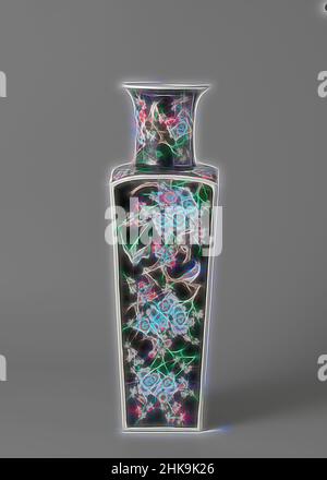 Inspiriert von der Drucker Vase, der quadratischen „Drucker Vase“ mit Vögeln in der Nähe von Blütensprays, der quadratischen Porzellanvase mit einem breiten, ausladenden Hals, bedeckt mit einer schwarzen Glasur und gemalt in rot, grün, gelb, Auberginen und schwarz. An jeder Wand ein hängender Blumenzweig (prunus) mit einem oder mehreren Vögeln darauf. Auf dem, neu erfunden von Artotop. Klassische Kunst neu erfunden mit einem modernen Twist. Design von warmen fröhlichen Leuchten der Helligkeit und Lichtstrahl Strahlkraft. Fotografie inspiriert von Surrealismus und Futurismus, umarmt dynamische Energie der modernen Technologie, Bewegung, Geschwindigkeit und Kultur zu revolutionieren Stockfoto