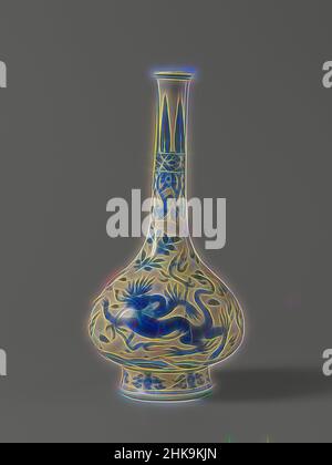 Inspiriert von Vase, Flaschenvase mit zwei Löwenmonstern über Wellen zwischen Flammen und Wolken, Flaschenvase aus Porzellan mit aufgedrucktem birnenförmigem Körper, hohem, breitem Fuß und langem, engem Hals. In Unterglasur blau lackiert. Auf dem Bauch zweimal ein Monster oder möglicherweise Wappentier über Wellen und dazwischen, Reimagined by Artotop. Klassische Kunst neu erfunden mit einem modernen Twist. Design von warmen fröhlichen Leuchten der Helligkeit und Lichtstrahl Strahlkraft. Fotografie inspiriert von Surrealismus und Futurismus, umarmt dynamische Energie der modernen Technologie, Bewegung, Geschwindigkeit und Kultur zu revolutionieren Stockfoto