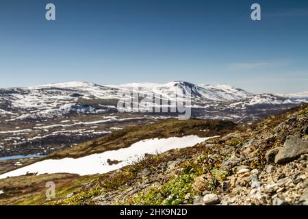 Frühlingslandschaft im Dovrefjell, Norwegen, mit Felsen, Hügeln, Bergen, Und Flecken von Schnee Stockfoto