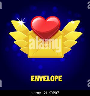 Goldenes Kuvertsymbol mit Lebensherz für das Spiel. Stock Vektor
