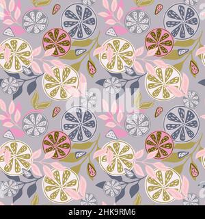 Nahtloses Muster mit Zitrusfrüchten. Skandinavische Zitronen, Limetten, Orangen und Zweige. Romantischer Hintergrund. Wiederholtes Ornament für Stoff, Verpackung Stock Vektor