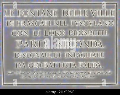 Inspiriert von Titeldruck mit gerahmtem Titel, Fontane delle ville di Frascati, Fountains of Frascati, ist der Druck Teil eines Albums., Druckerei:, Verlag: Giovanni Giacomo de'Rossi, Verlag: Rome, Vaticaanstad, 1653 - 1691, Papier, Radierung, Höhe 205 mm × Breite 285 mm, neu gestaltet von Artotop. Klassische Kunst neu erfunden mit einem modernen Twist. Design von warmen fröhlichen Leuchten der Helligkeit und Lichtstrahl Strahlkraft. Fotografie inspiriert von Surrealismus und Futurismus, umarmt dynamische Energie der modernen Technologie, Bewegung, Geschwindigkeit und Kultur zu revolutionieren Stockfoto